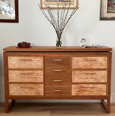 Cherry and quilted maple credenza